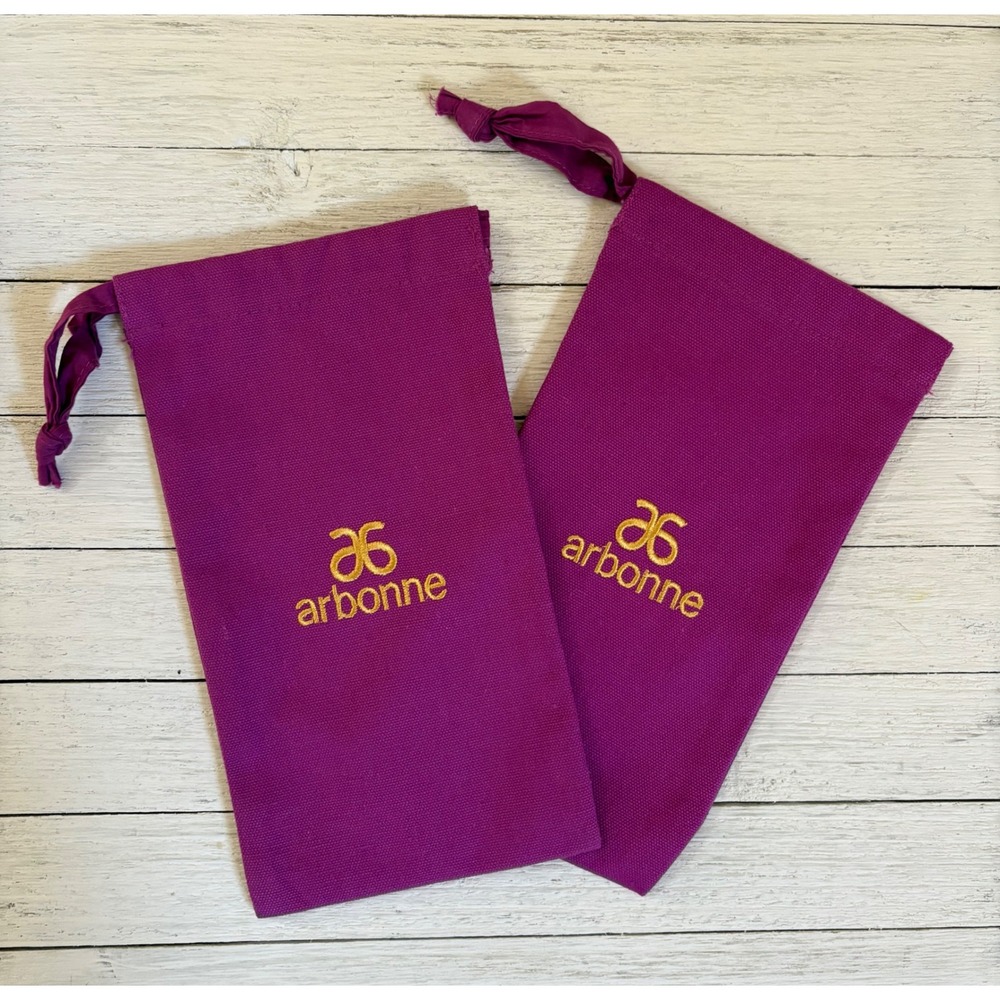 Arbonne Purple Canvas Drawstring Pouch Set of 2 Gold Embroidered Logo Bag
